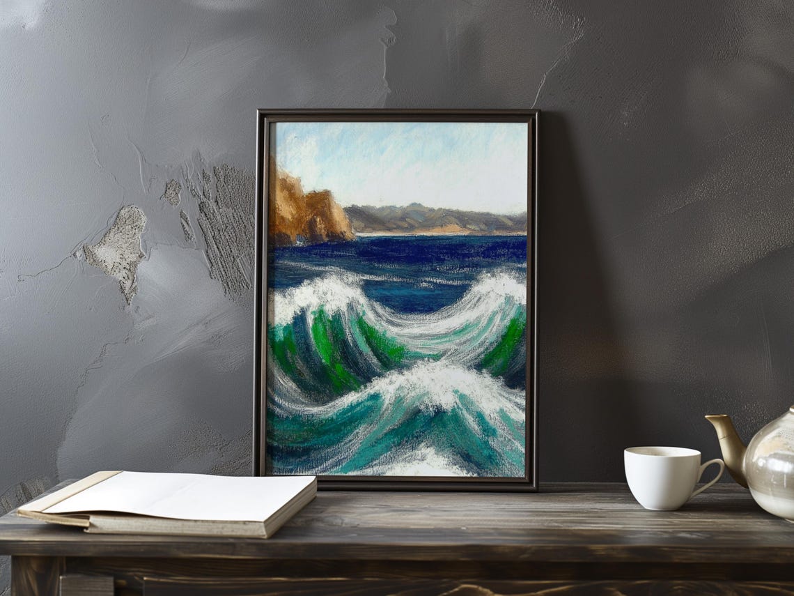 Giant Curling Ocean Waves Near Rocky Cliffs Dramatic Seascape Poster