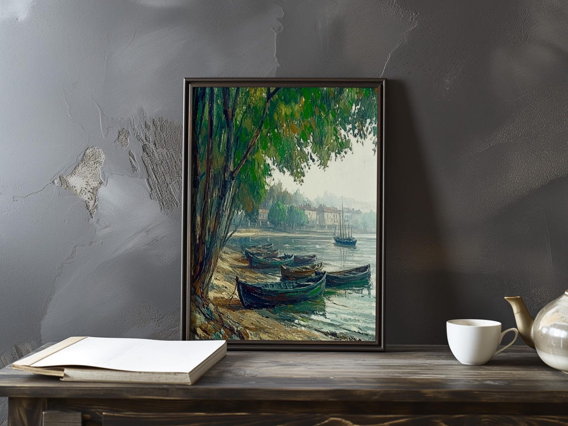 Rowboats Moored Under an Overhanging Tree by a Riverside Town Poster