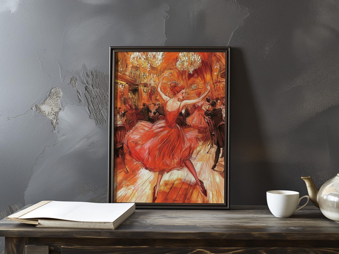 Fiery Red Dancer Mid Leap in a Grand Salon Impressionist Art Poster