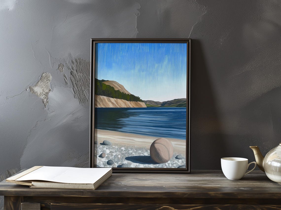 Vallotton Inspired Rocky Beach with Boulder and Hills Poster