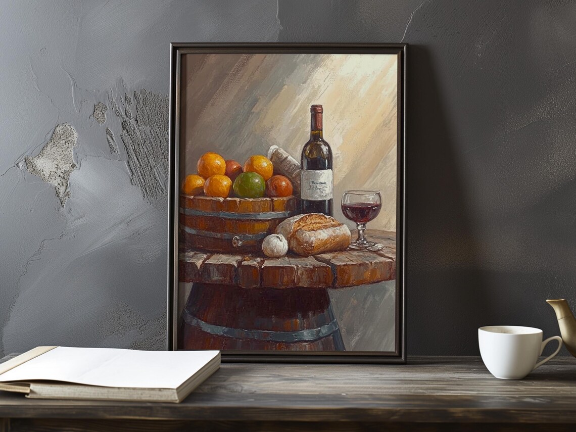 Wine Bottle Resting On A Wooden Barrel With Citrus And Fresh Bread Poster