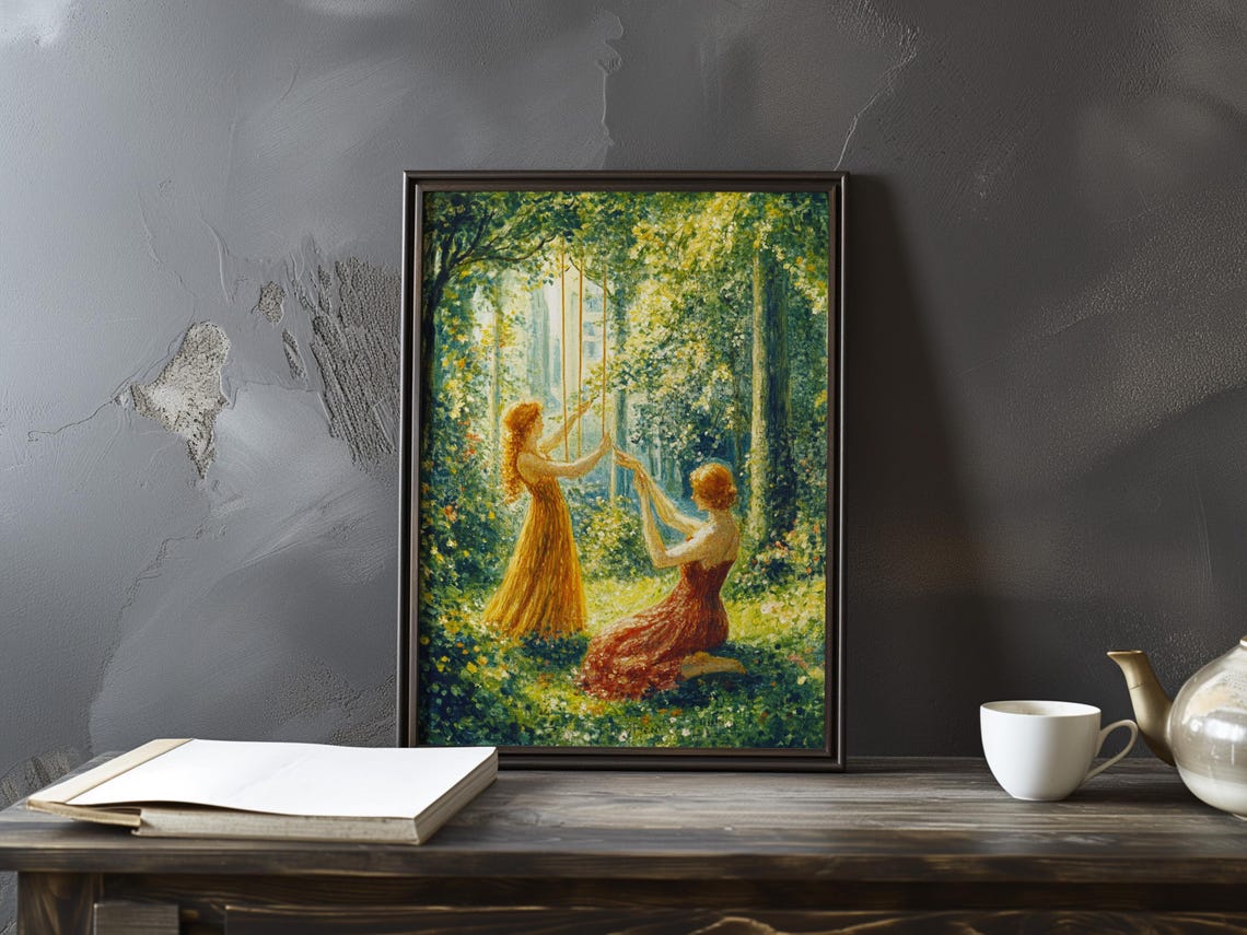 Two Women in Flowing Dresses in a Golden Forest Glade Art Poster