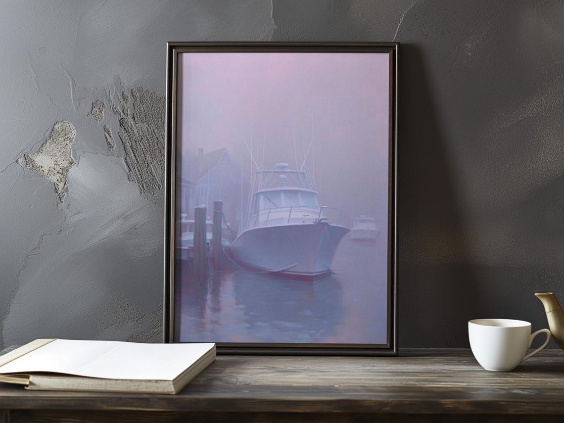 Motorboat Docked at a Pier in a Lavender Foggy Harbour Poster