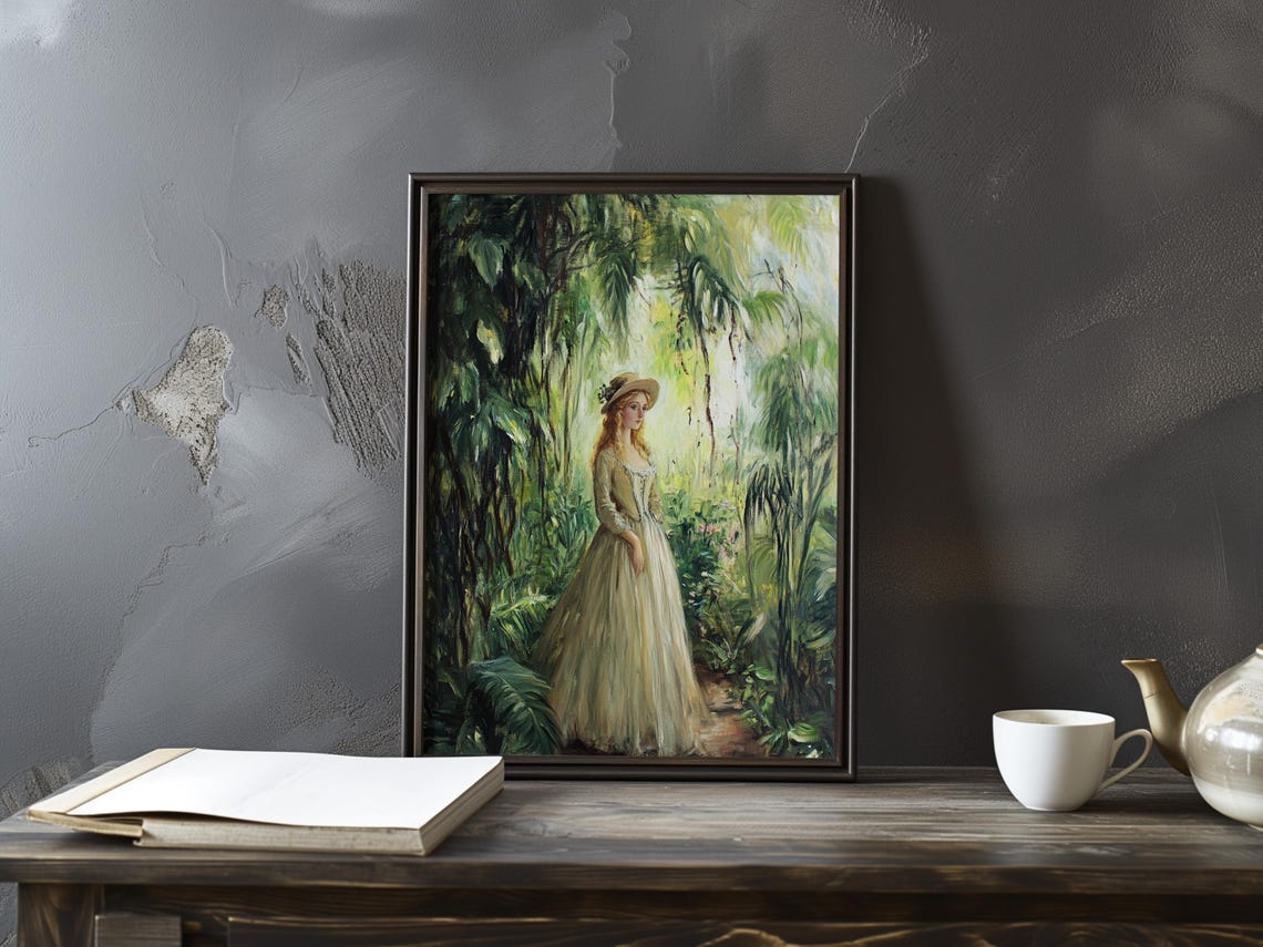 Woman Long Gown Hat Standing Lush Green Plants Garden Portrait Poster