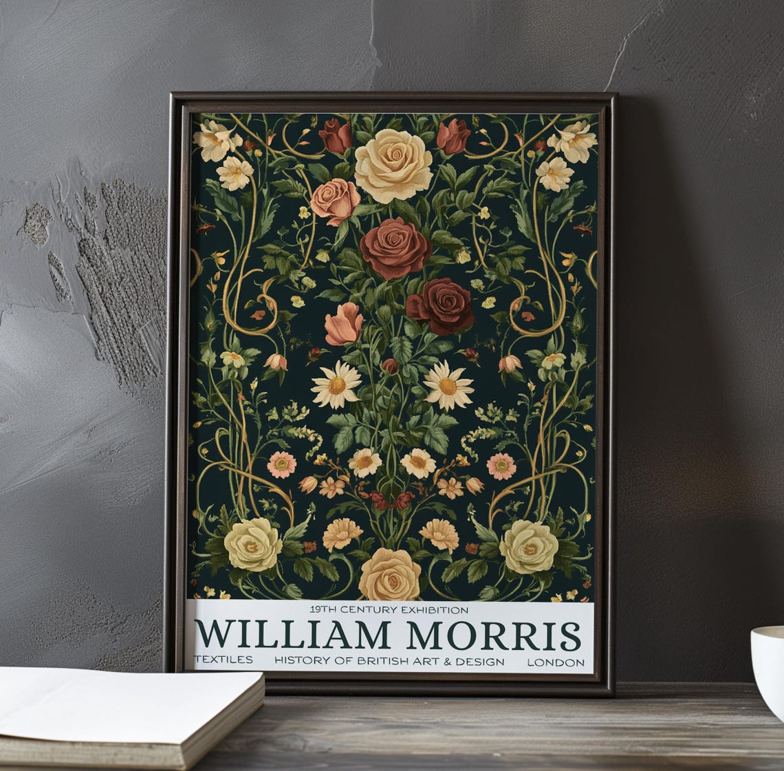 William Morris Dense Rose Vines on Midnight Navy Ground Poster