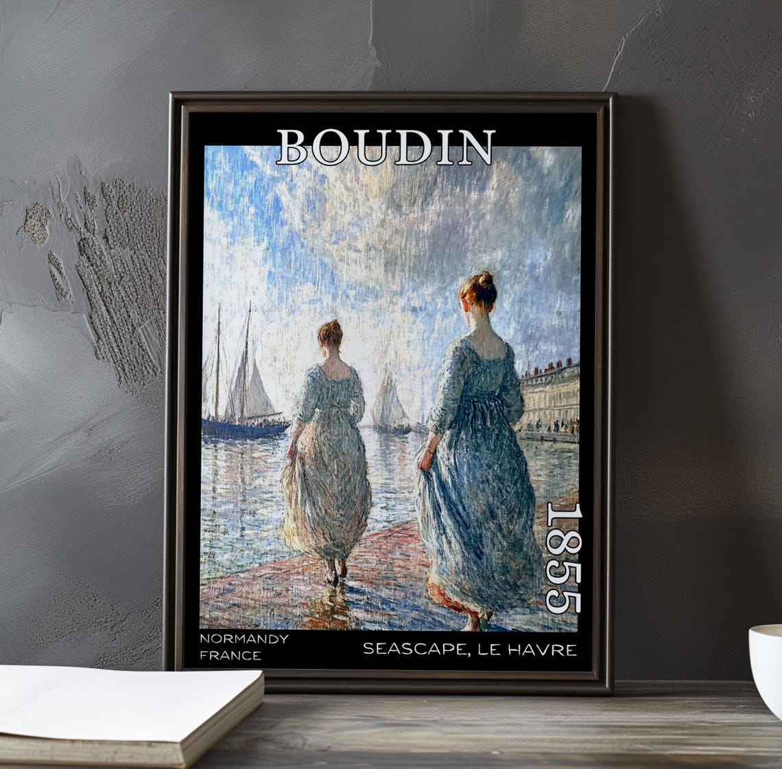 Eugene Boudin 1855 Le Havre Two Women on Shore Sailboats Poster