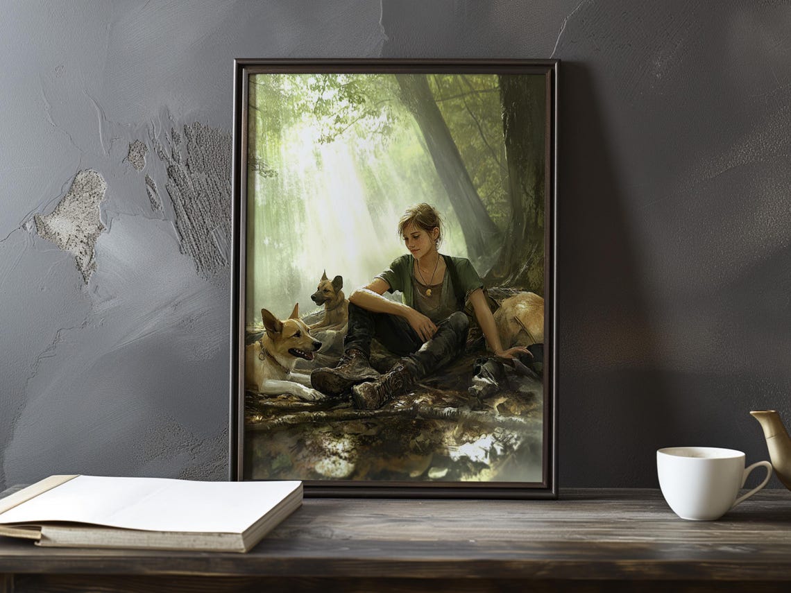 Woman Resting With Two Dogs In A Sunlit Forest Clearing Poster