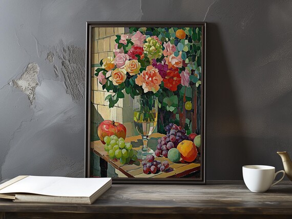Yellow And Pink Roses In Goblet With Apple Grapes Still Life Art Poster