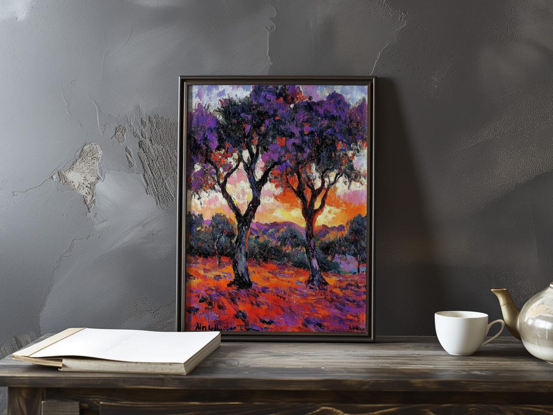 Twin Trees in a Red Wildflower Field at Sunset Impressionist Poster