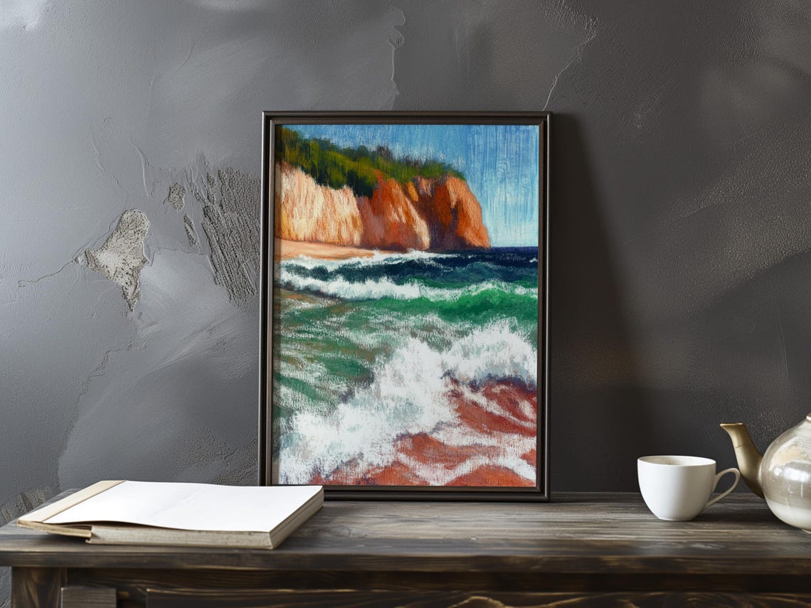Rolling Surf and White Foam Before a Sunny Red Cliff Beach Poster