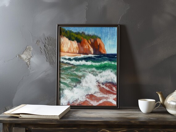 Rolling Surf and White Foam Before a Sunny Red Cliff Beach Poster