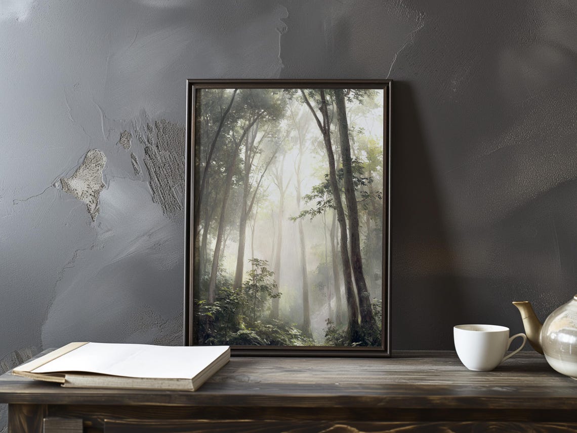 Sunlit Misty Forest of Slender Trees with Soft White Light Art Poster