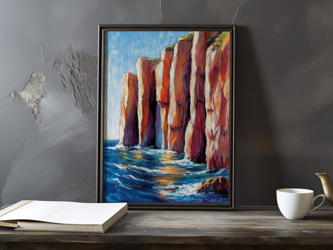 Towering Red Sea Cliffs Above Foamy Waves Impressionist Poster