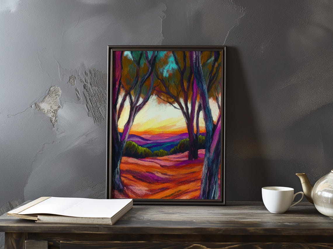 Dark Trees Framing a Glowing Sunset Valley Impressionist Art Poster
