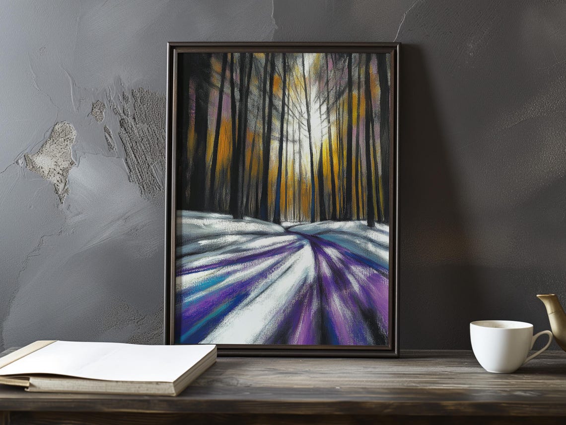 Winter Forest Path With Purple Snow Light Impressionist Poster Art