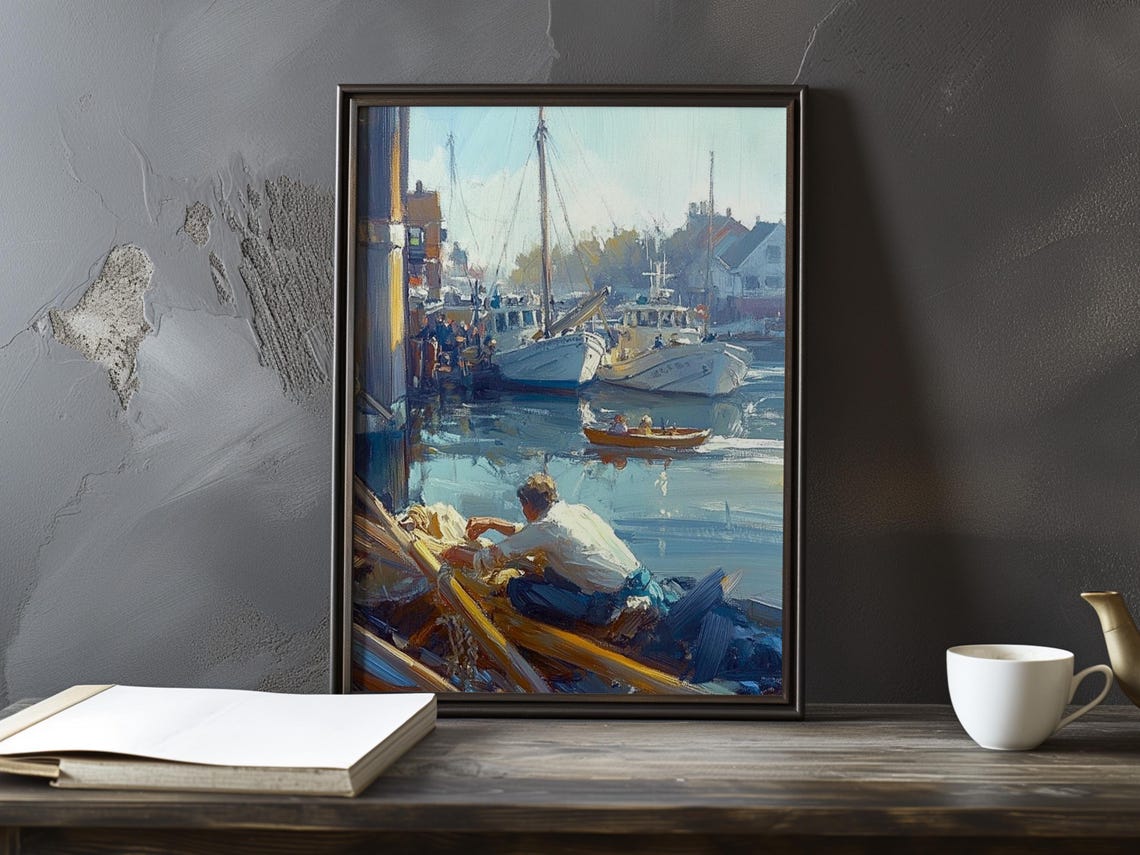 Fisherman Leaning Over a Boat in a Busy Sunny Harbour Art Poster