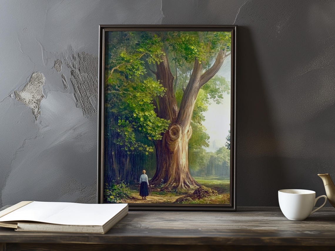 Woman Walking Past A Massive Ancient Tree In The Woods Poster