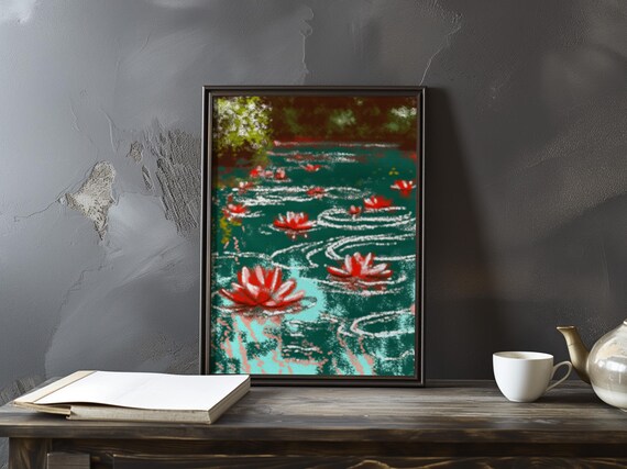 Claude Monet Red Lotus Flowers Swirling Water Reflection Poster