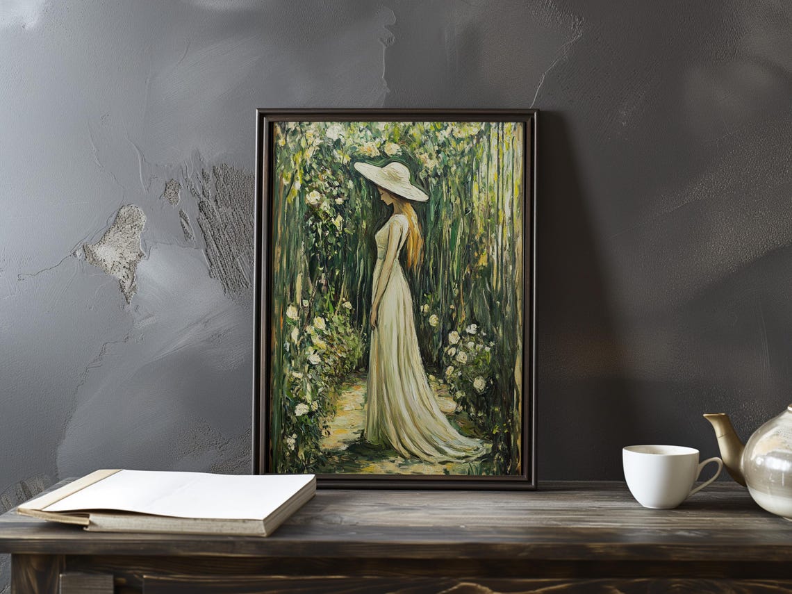 Elegant Lady in White Dress Strolling a Blossoming Rose Garden Poster