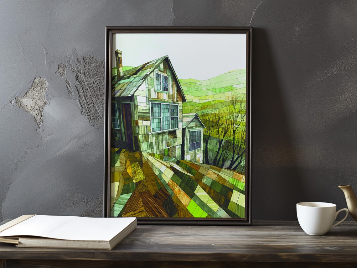 Mosaic Stained Glass Style House On A Patchwork Green Hill Poster