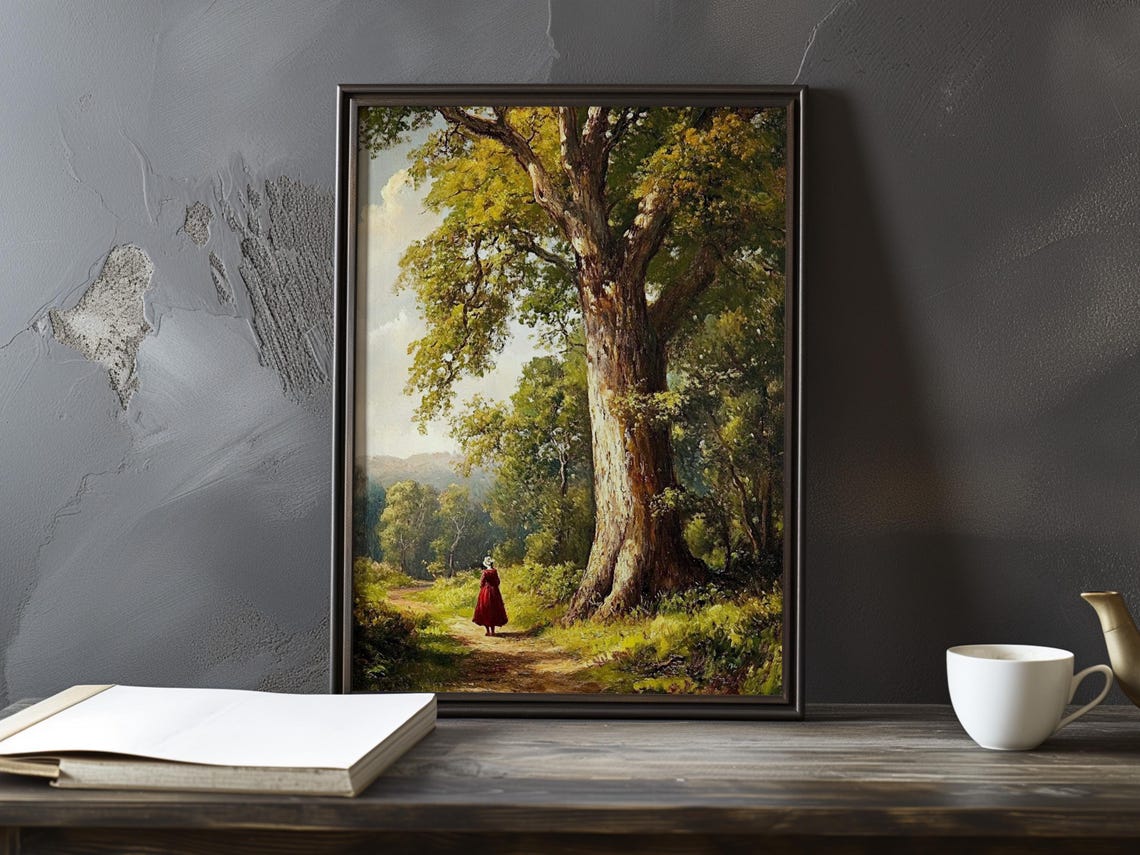 Woman In A Red Dress Walking Alone Beneath An Oak Tree Poster
