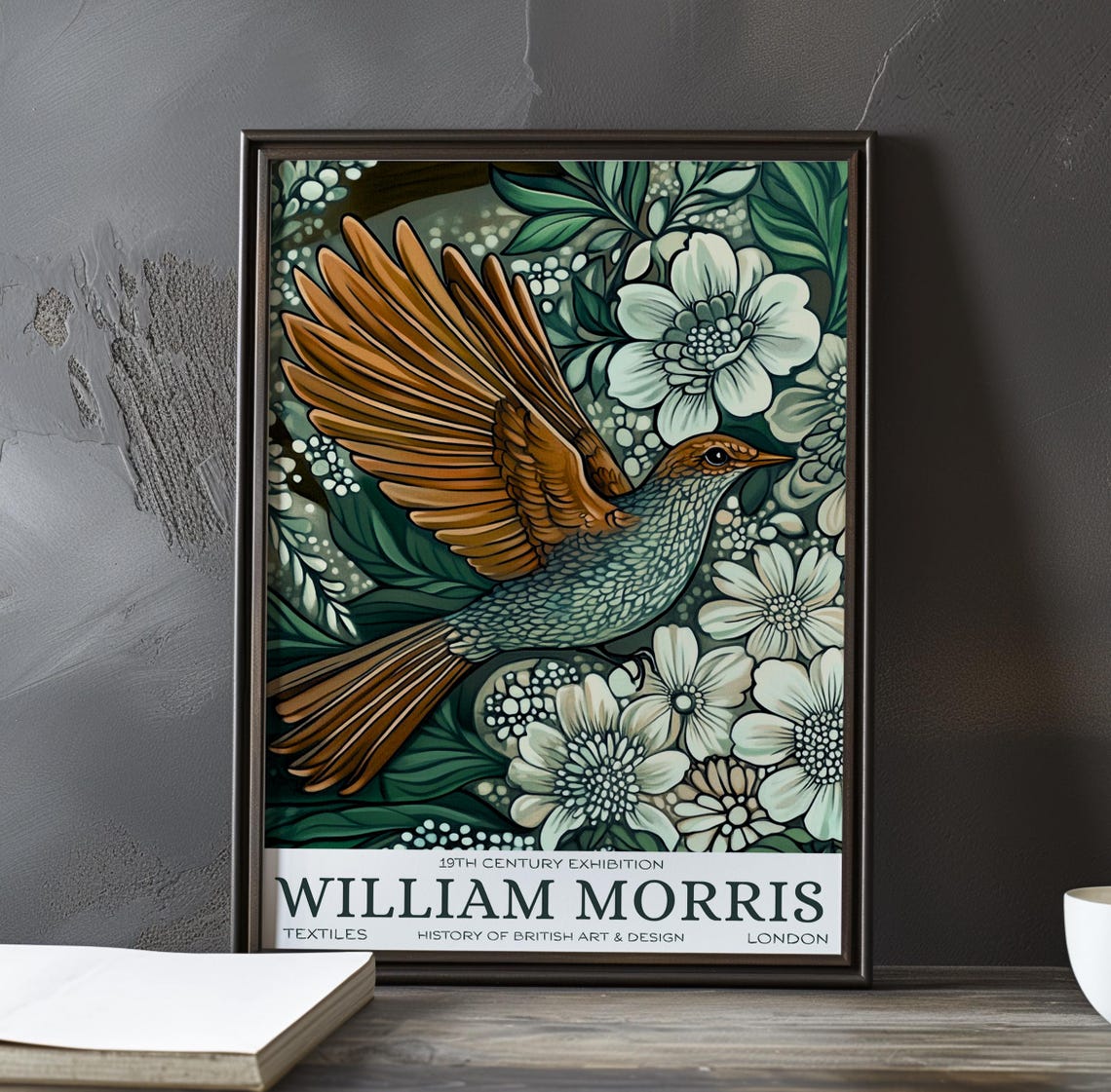 William Morris Songbird Flying White Flower Botanical Textile Poster