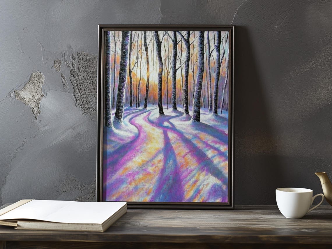 Vivid Purple And Gold Shadows On A Snowy Birch Forest Path Poster