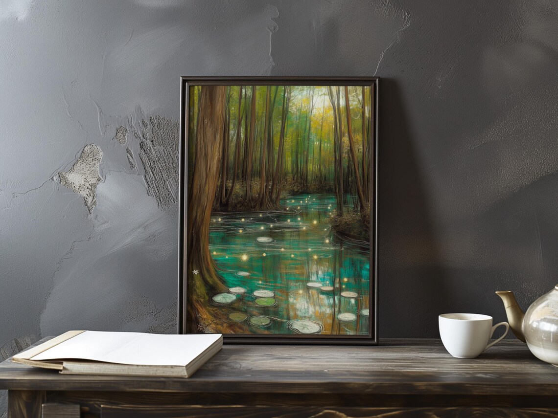 Sunlit Forest Stream Lily Pads Golden Light Enchanted Woodland Poster