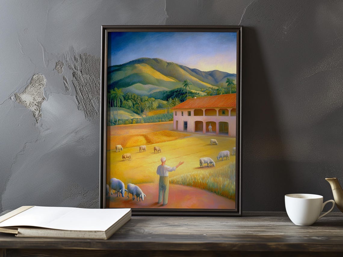 Evening Farm Scene With Shepherd and Red-Roofed Hacienda Poster