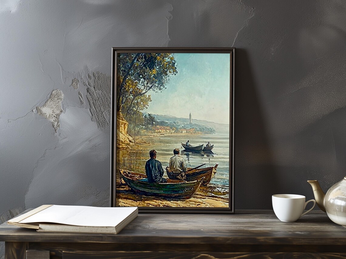 Two Fishermen in Boats on a Calm Lake at Daybreak Impressionist Poster