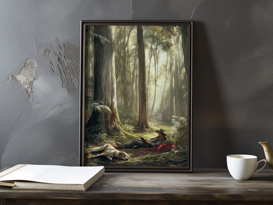 Tired Hunter Resting With Dog In A Sunlit Forest Clearing Poster