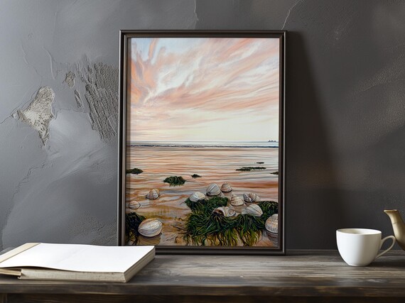 Low Tide Beach with Scattered Shells and Seaweed at Dawn Art Poster