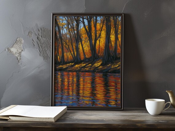 Dark Tree Trunks With Golden Canopy by the River Painting Poster
