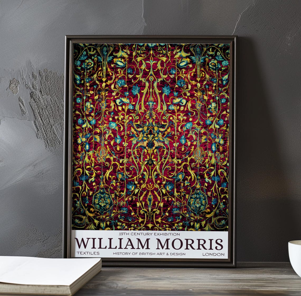 William Morris Rich Crimson Gold Floral Tapestry Exhibition Poster