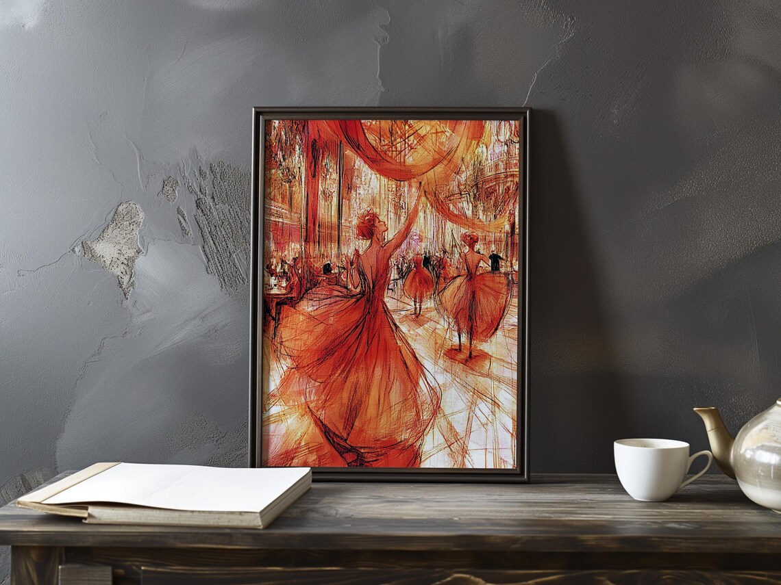 Parisian Cabaret Dancer in Flowing Red Gown Ballroom Sketch Poster