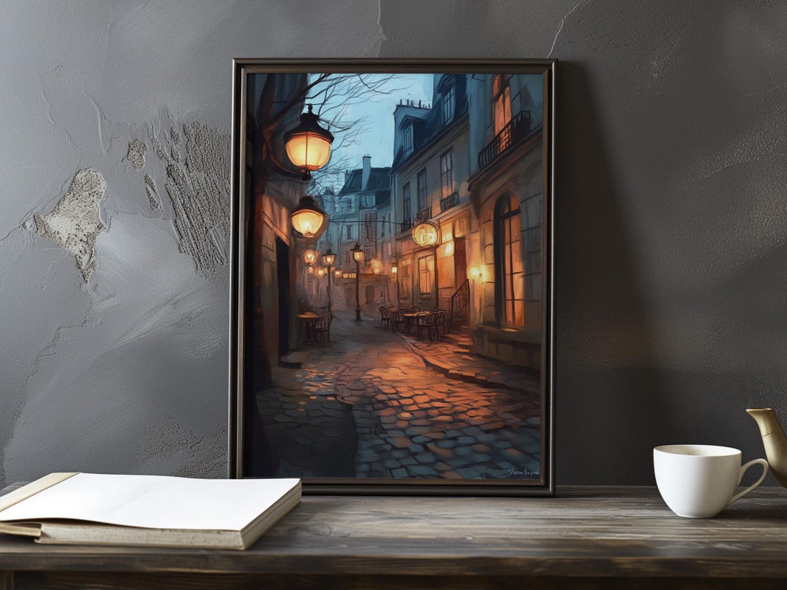 Parisian Street at Dusk Cafe Chairs and Hanging Lamps Poster