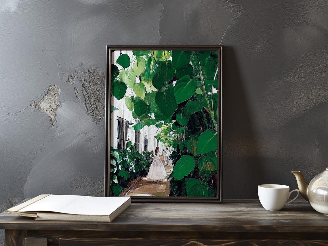 Woman in White Dress on a Leafy Garden Path Impressionist Art Poster