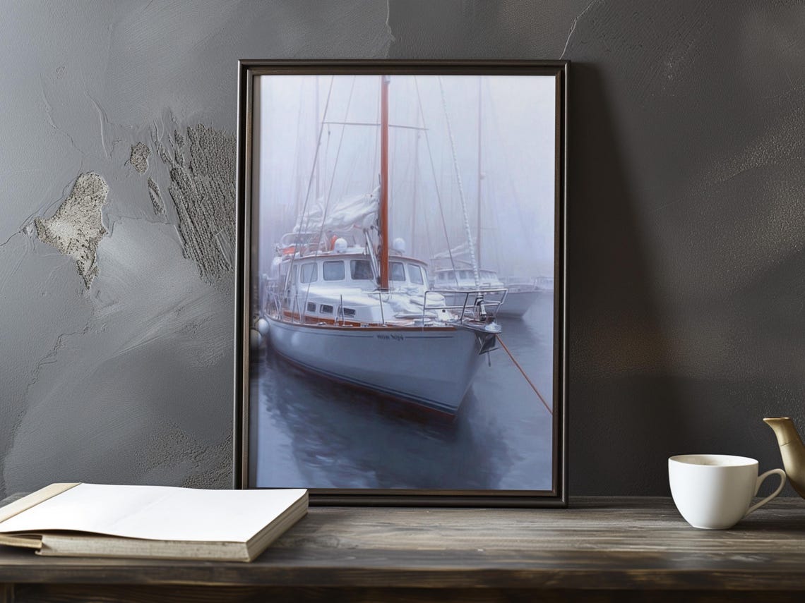 Sailboat Bow Emerging From Thick White Fog in a Harbour Poster