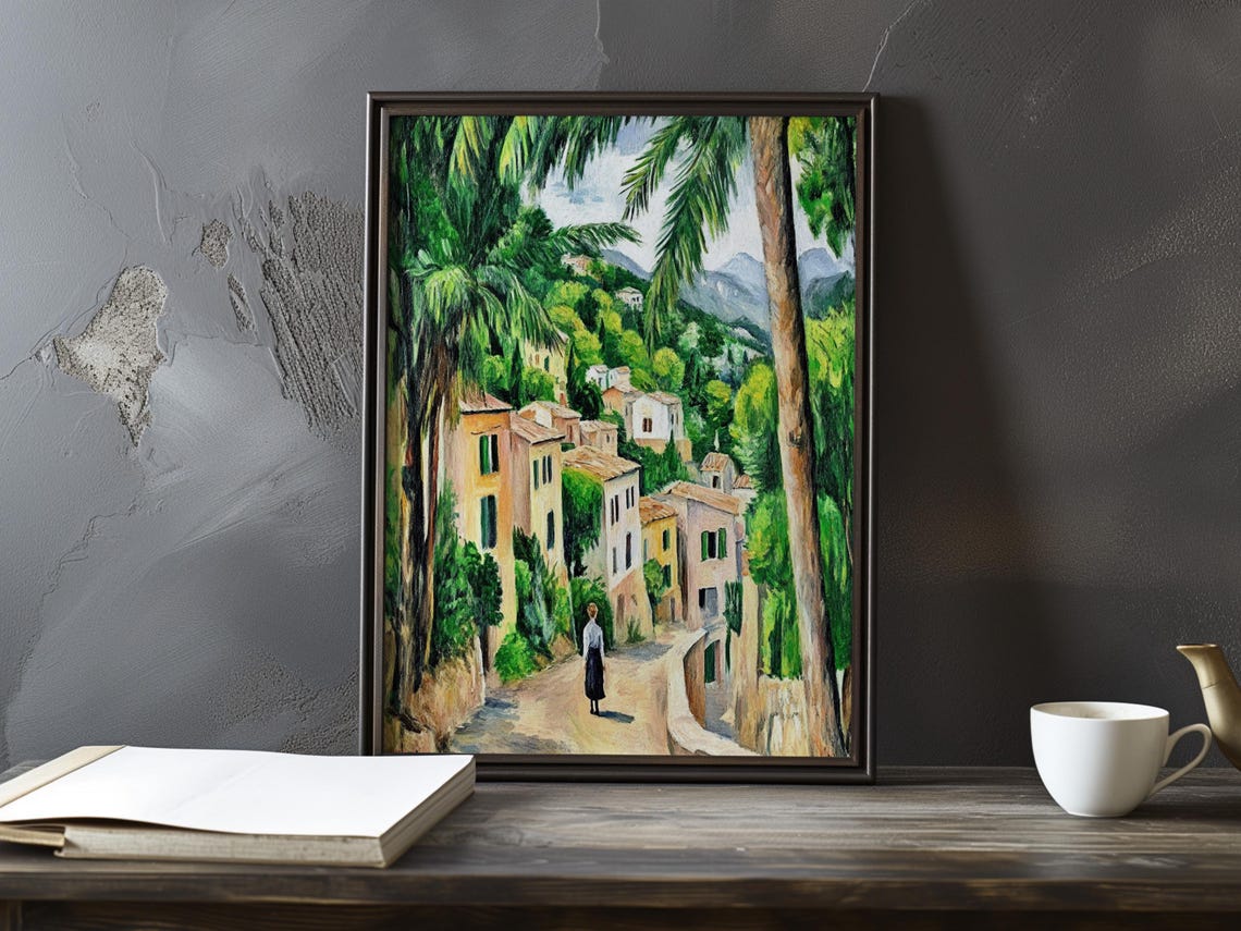 Woman Walking A Palm Framed Road Through A Hillside Village Poster
