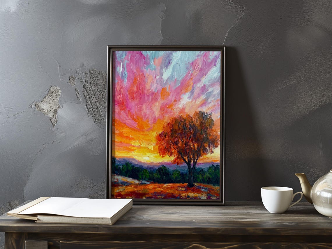 Lone Tree Silhouette Under a Pink Sunset Sky Impressionist Art Poster