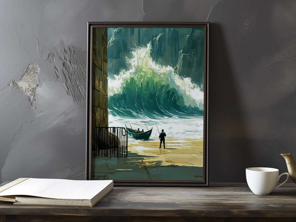 Towering Green Wave About To Break Beside A Lighthouse Gate Poster