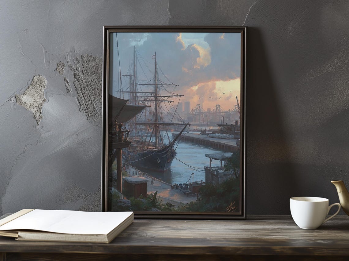 Tall Ship Docked at an Evening Pier Impressionist Painting Poster