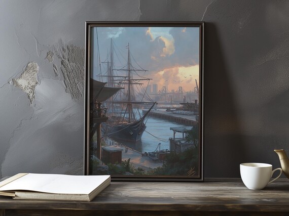 Tall Ship Docked at an Evening Pier Impressionist Painting Poster