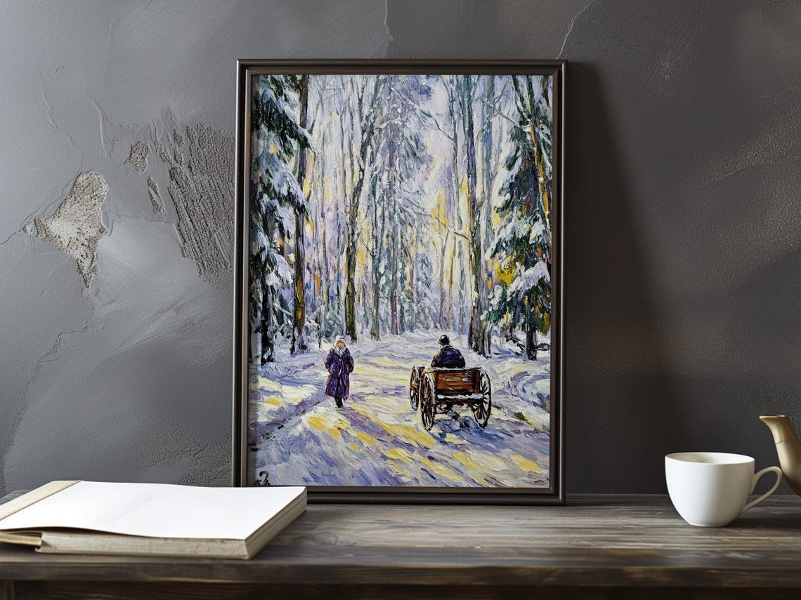 Horse Cart On A Snowy Forest Road In Soft Winter Light Poster
