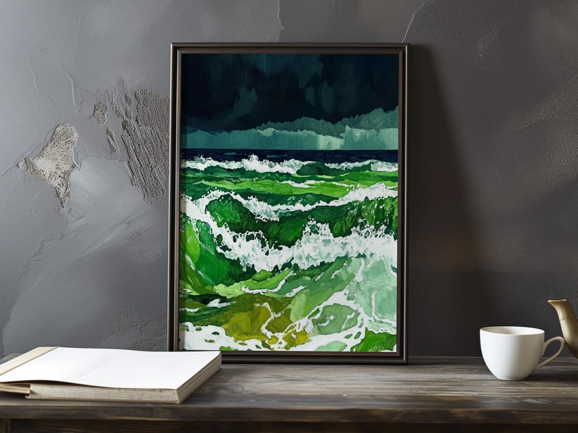 Rolling Green Waves Under a Dark Stormy Sky Impressionist Poster