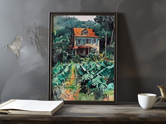 House With Rust Orange Roof Among Tropical Banana Palms Poster