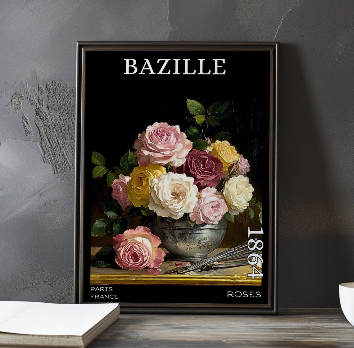 Bazille Roses 1864 Pink White Yellow Roses in Silver Bowl Poster