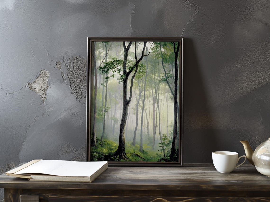Green Misty Forest with a Leaning Tree and Sunlit Glade Nature Poster