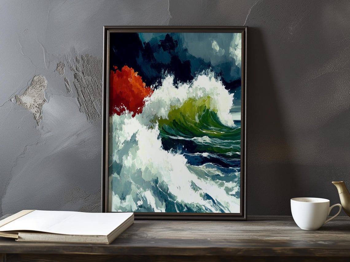 Giant Green Wave with Red Accent in a Stormy Sea Impressionist Poster