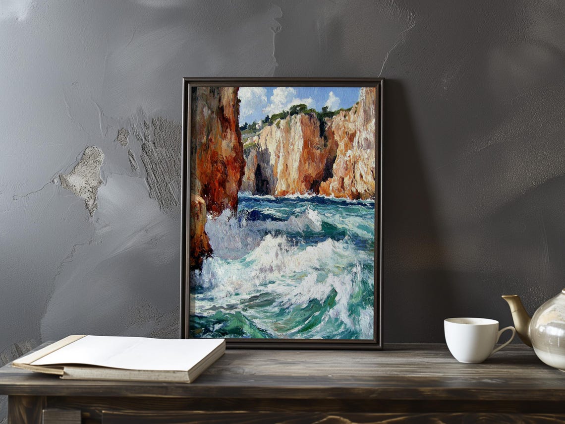 White Surf Churning Beneath Golden Limestone Cliffs Coastal Art Poster